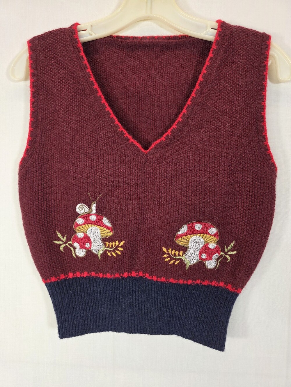 Cider Mushroom Snail Embroidered Knit Sweater Vest Burgundy Navy Small Cottageco